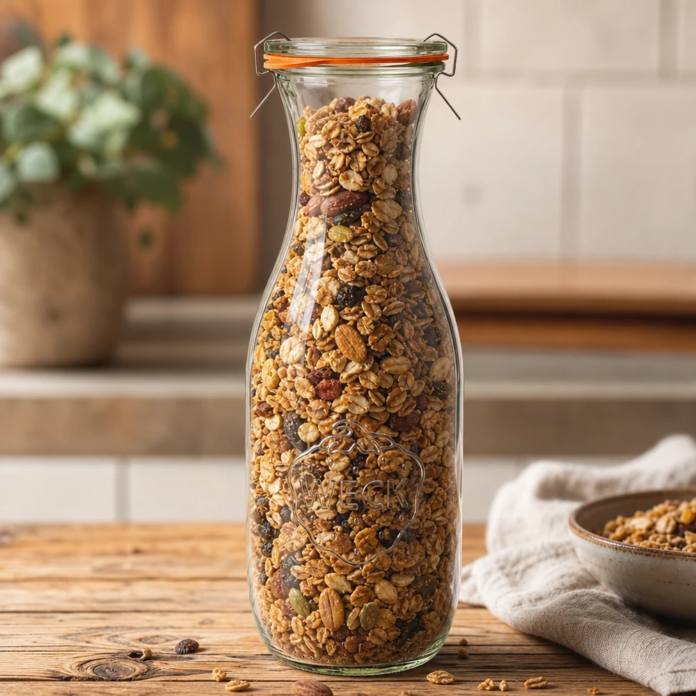 Garrafa de sumo WECK 1062ml RR60 cheia de nozes muesli apresentada como um frasco de arrumação num ambiente acolhedor de cozinha
