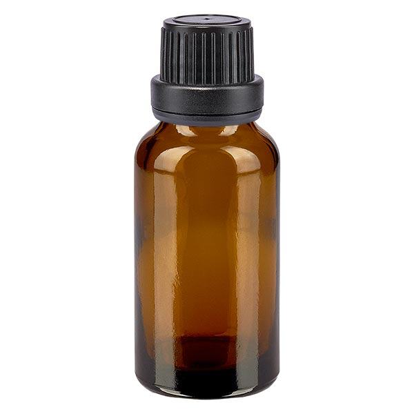 Frasco de farmácia castanho 20ml tampa conta-gotas anel de vazamento 2mm preto fecho inviolável