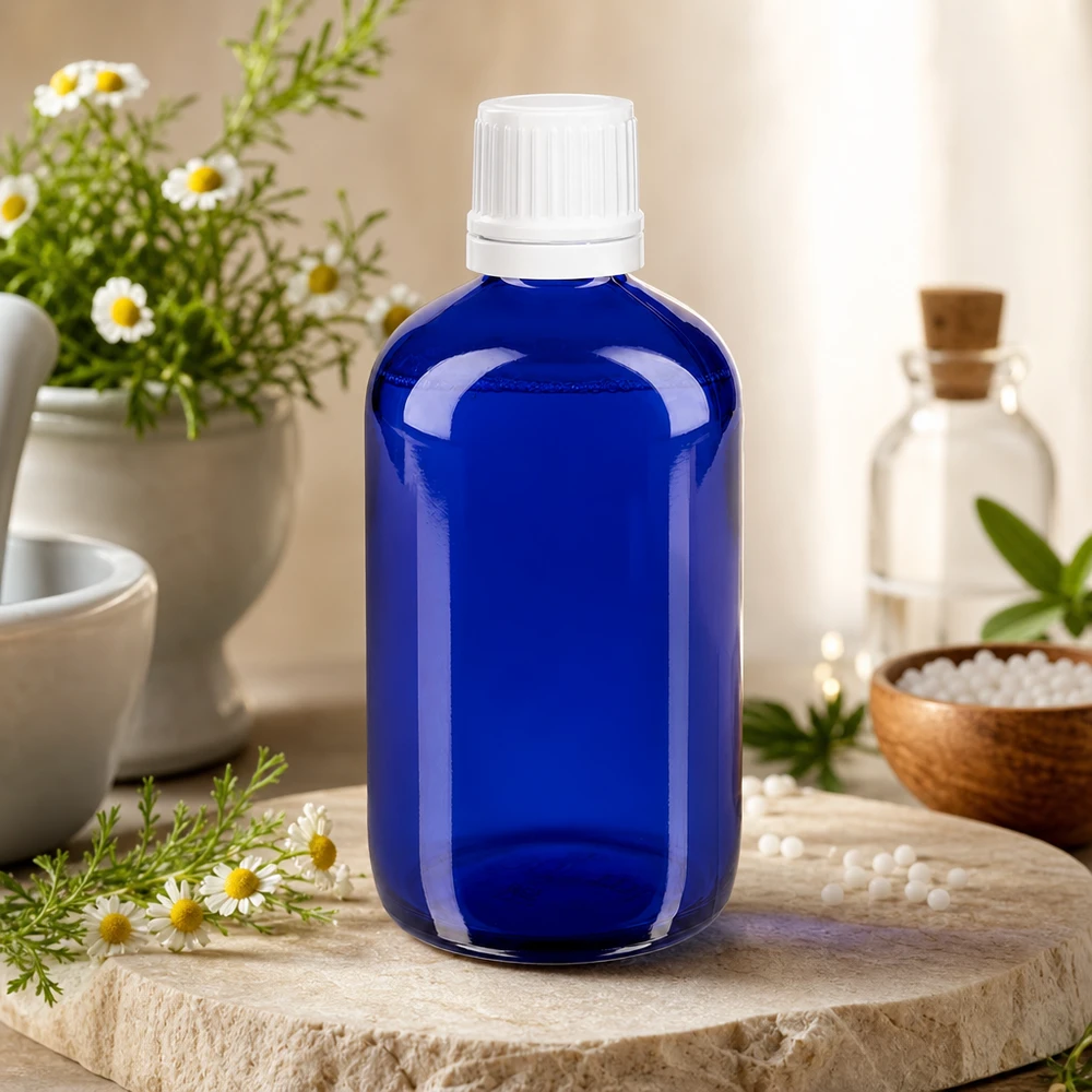 Frasco de farmácia azul 100ml tampa de rosca branca fecho inviolável Garrafa de vidro azul de 100 ml com tampa OV branca sobre pedra natural, ao lado de flores de camomila e glóbulos homeopáticos