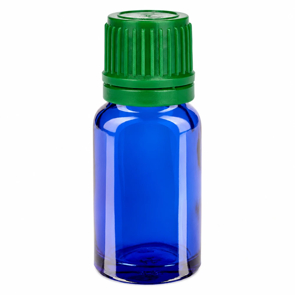 Frasco de vidro azul de 10 ml com tampa de rosca verde para óleos essenciais e cosméticos