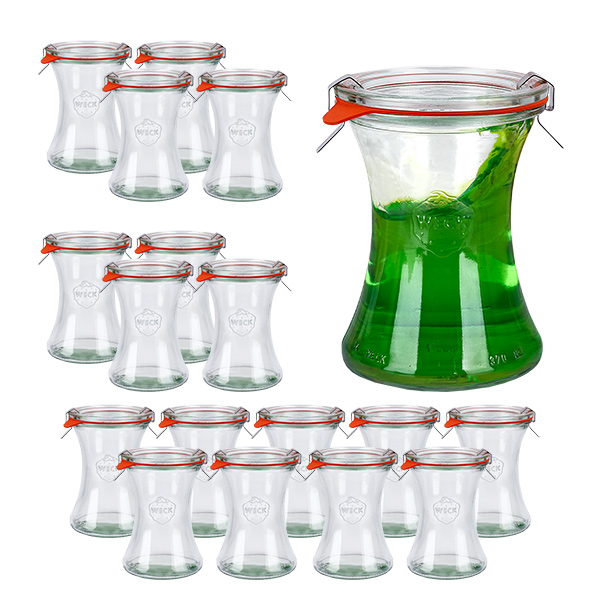 Conjunto de 18 frascos Weck frasco de charcutaria de 370ml com 18 tampas de vidro Conjunto de 18 frascos Weck frasco de charcutaria de 370ml com 18 tampas de vidro