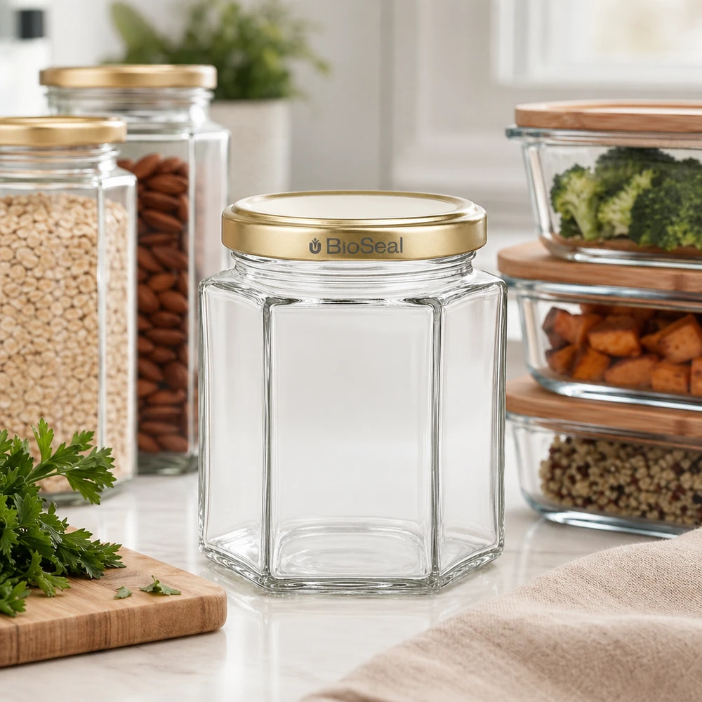 250g Honigglas mit goldenem Deckel BioSeal UNiTWIST Frasco de mel de 250 g hexagonal vazio BioSeal tampa dourada cozinha moderna com frascos de arrumação nozes legumes ervas