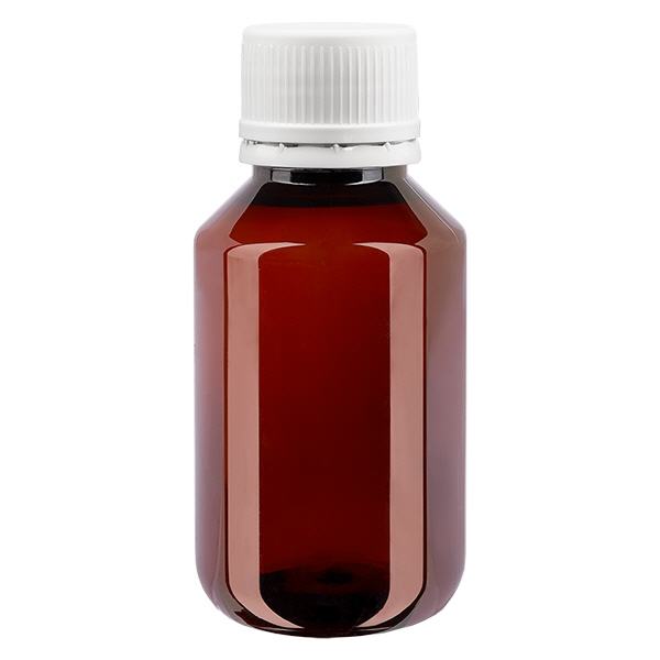 Frasco PET 100ml com tampa inviolável branca, com nervuras finas Frasco PET 100ml com tampa inviolável branca, com nervuras finas