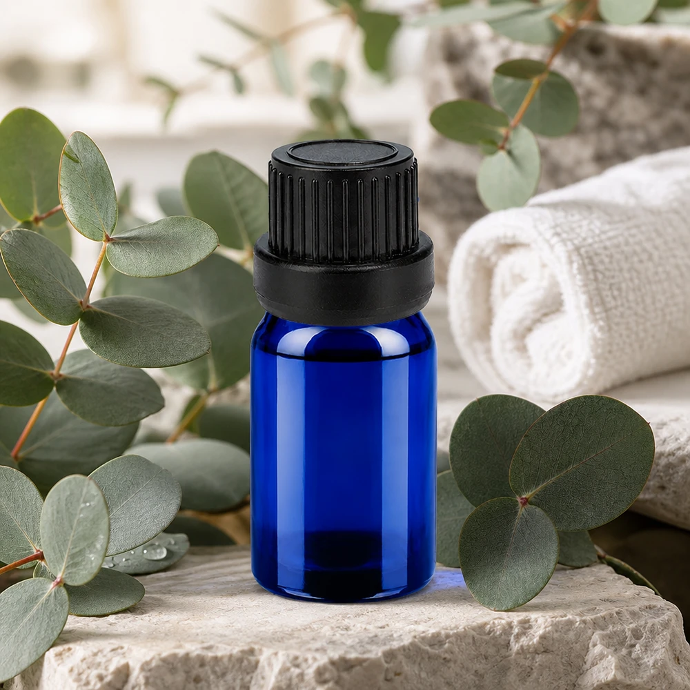 Frasco conta-gotas compacto de 5 ml em azul elegante com tampa preta para um manuseamento fácil