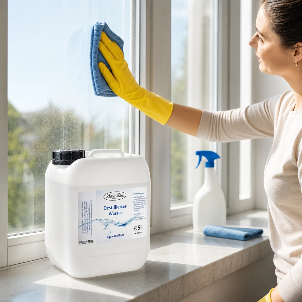 Mulher limpa janelas com água destilada Doktor-Klaus 5L para uma limpeza de vidros sem riscos em casa