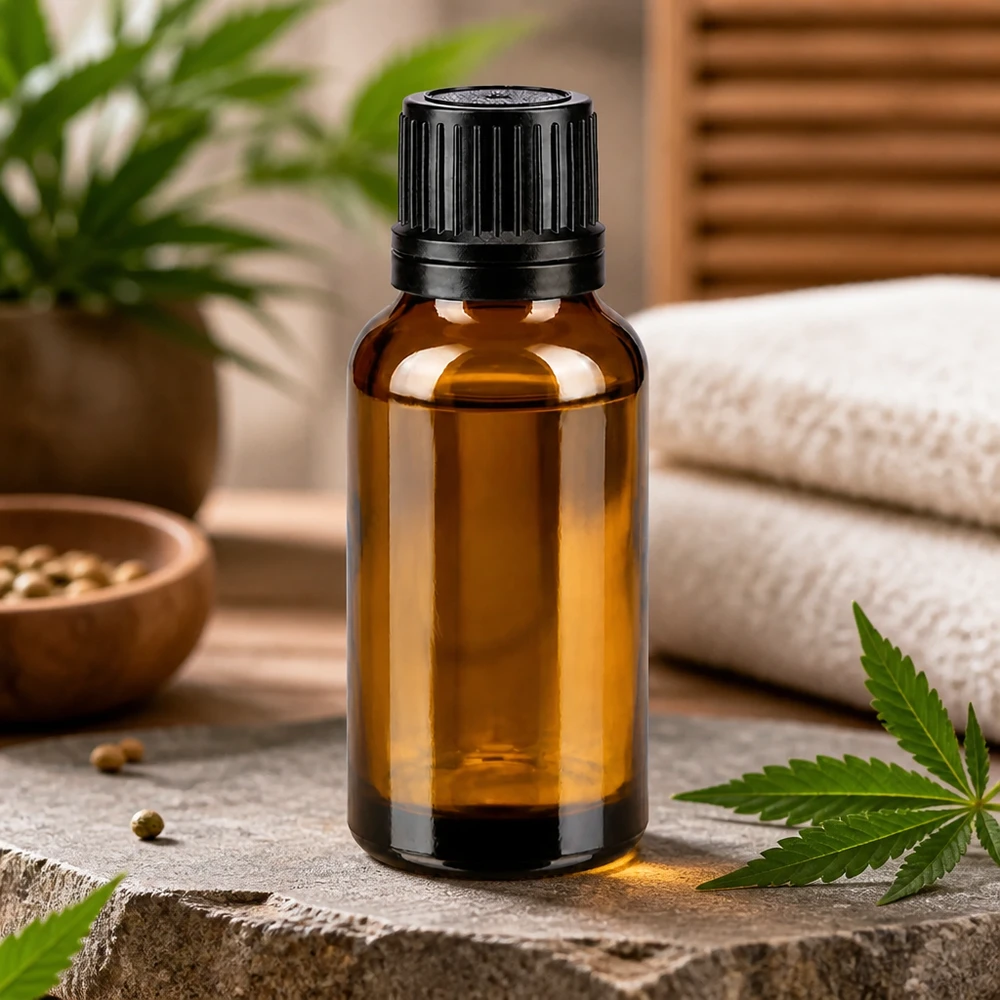 Frasco de farmácia castanho 20ml tampa conta-gotas anel de vazamento 1mm tampa inviolável preta Frasco conta-gotas de vidro castanho de 20 ml com tampa de rosca preta, ao lado de folhas de canábis e sementes de cânhamo