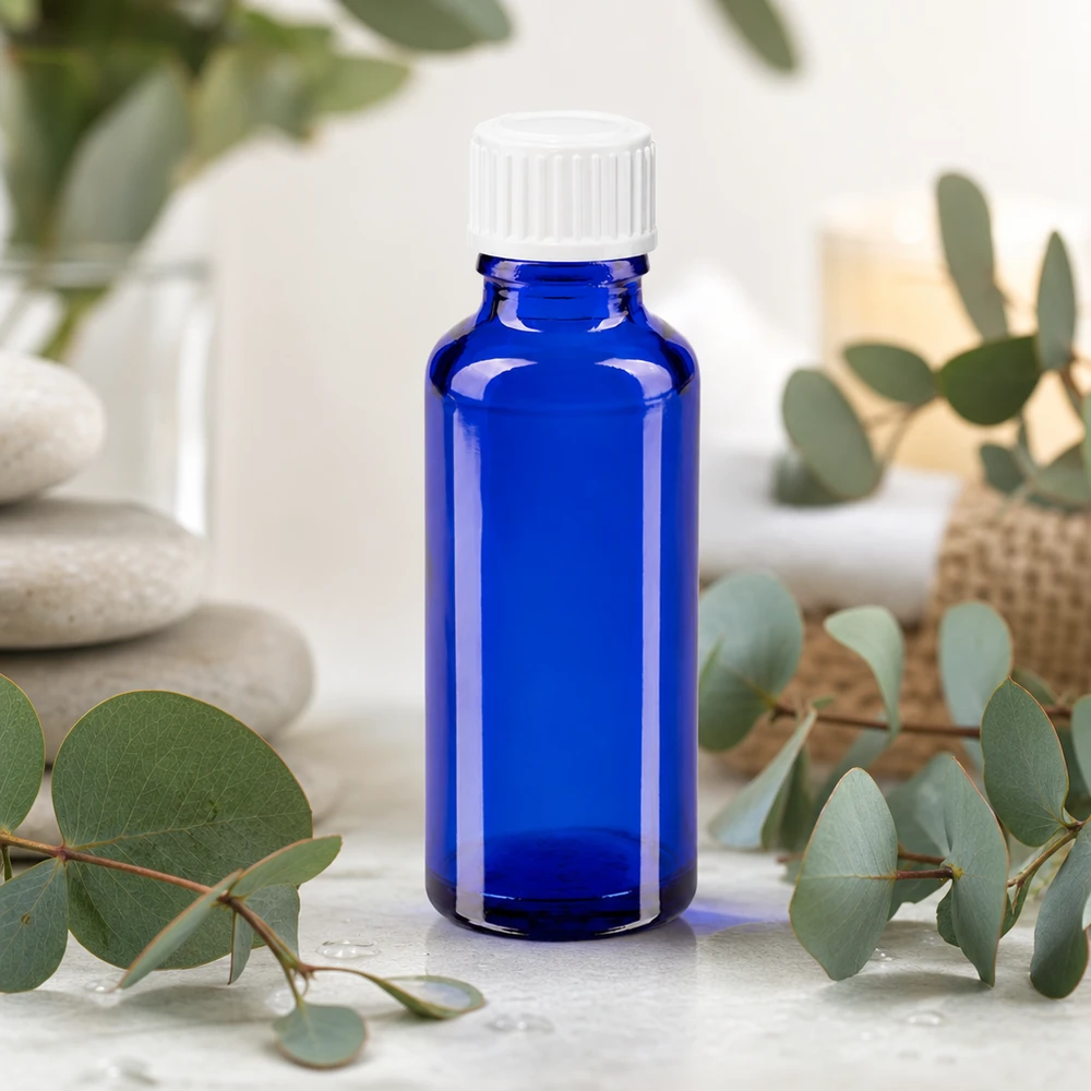 Frasco de farmácia azul 30ml tampa de rosca branco globules standard Garrafa de vidro azul de 30 ml com tampa branca, entre ramos frescos de eucalipto sobre mármore