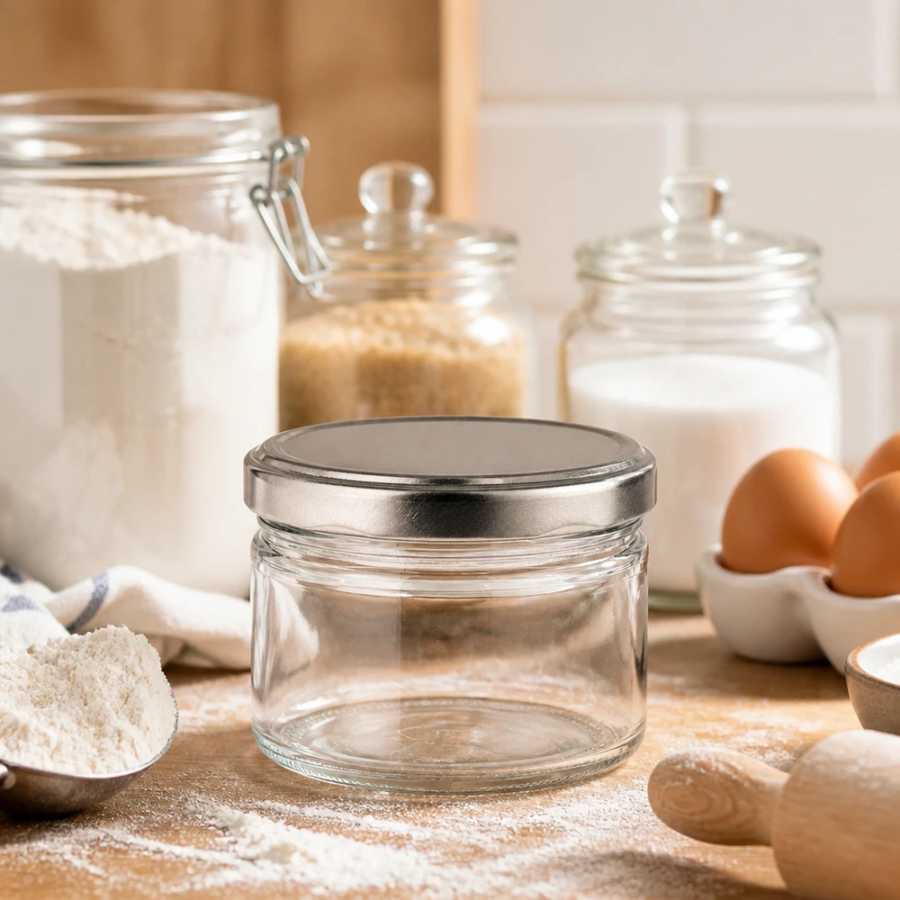 Frasco redondo de 540 ml vazio com tampa prateada mate na cozinha, ingredientes de pastelaria, farinha, ovos, frasco de armazenamento versátil