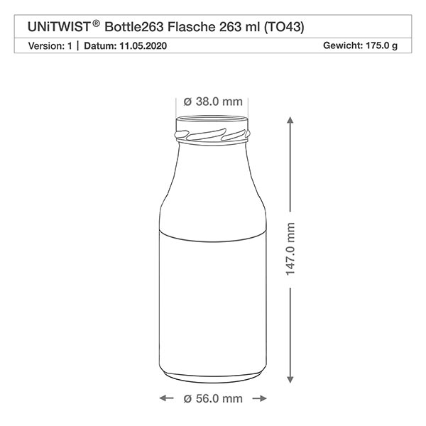 Frasco de 263ml sem tampa (TO43) UNiTWIST UNiTWIST Bottle263 garrafa de vidro 263ml TO43 com dimensões 147mm altura 56mm diâmetro desenho técnico