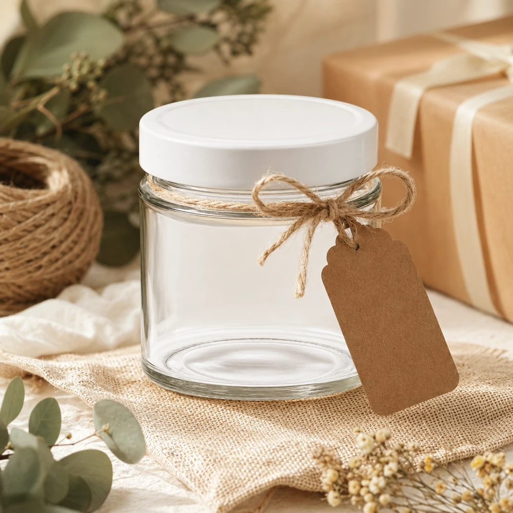 Frasco redondo de 135 ml com tampa BasicSeal branca, decorado com etiqueta de papel kraft Embalagem de oferta DIY