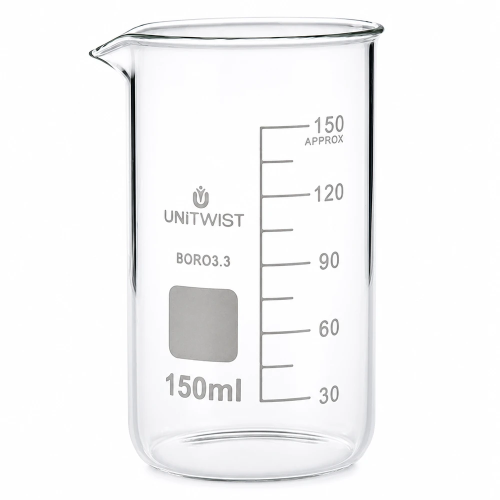 Copo 150 ml em borossilicato, molde alto UNiTWIST Copo de laboratório de 150 ml, formato alto, em vidro borossilicato transparente com escala em mililitros UNITWIST
