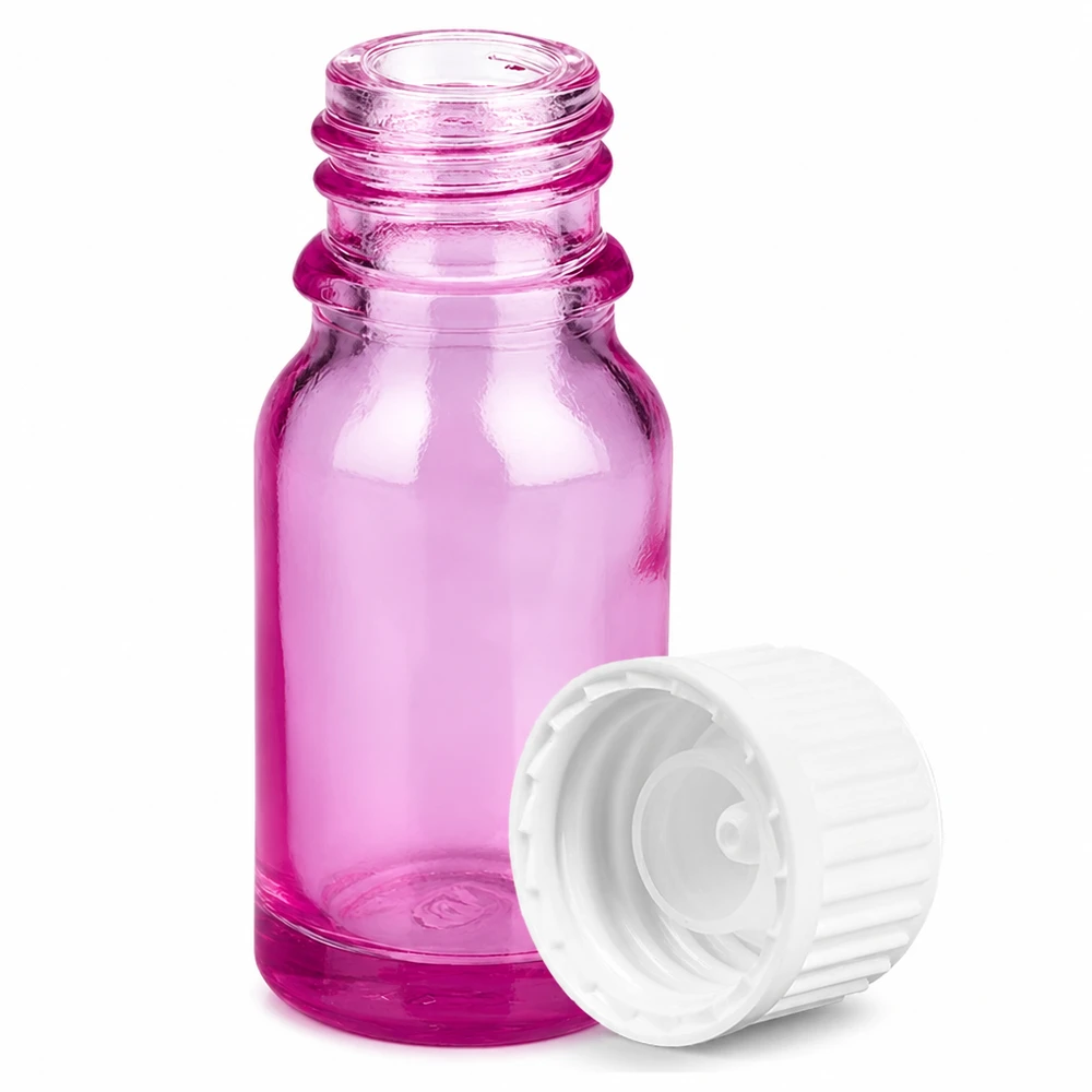 Pequeno frasco de vidro de 10 ml de cor púrpura com uma prática tampa de rosca para aromaterapia