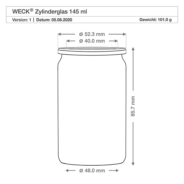 Frasco cilíndrico de 145ml com tampa de frescura. WECK RR40 Frasco cilíndrico WECK 145ml RR40 desenho técnico com dimensões diâmetro 48mm altura 85,7mm peso 101g