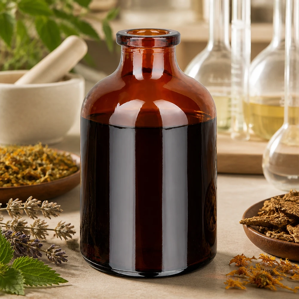 Frasco de injeção de vidro âmbar 50ml Braunglas Injektionsflasche 50ml für pflanzliche Extrakte mit Kräutern und Laborgeräten im Hintergrund