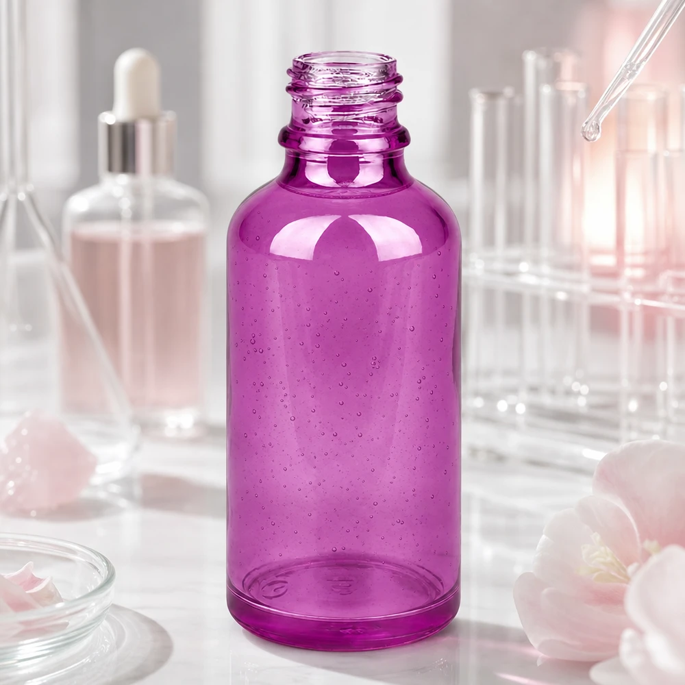 Frasco de farmácia de 50 ml PurpleLine UT18/50 UNiTWIST Frasco de vidro PurpleLine UT18/50 UNiTWIST 50ml em roxo elegante para doseamento profissional