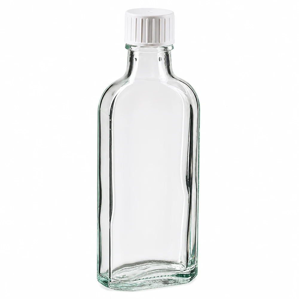 Frasco Meplat transparente de 100 ml com tampa de rosca branca e anel de vertimento em vidro