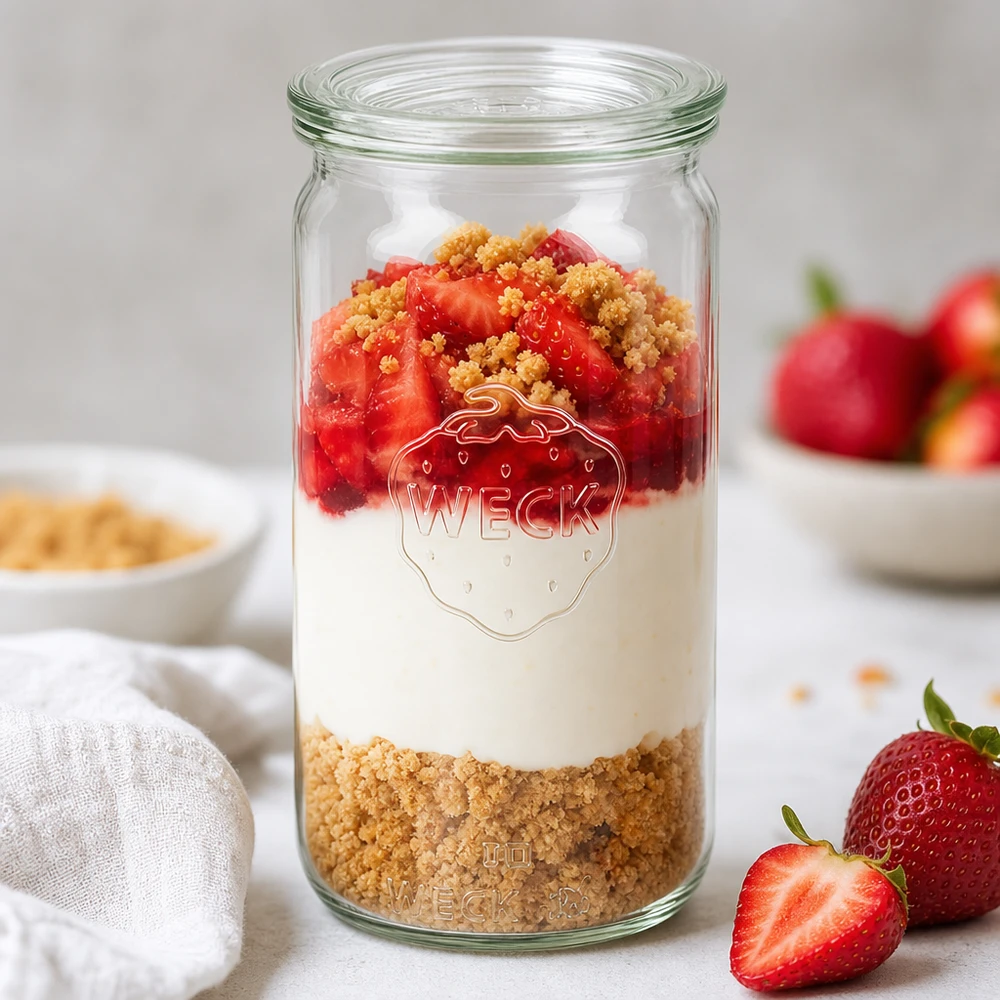 Frasco cilíndrico de 340 ml WECK RR60 com camada de sobremesa de morango, creme à base de bolacha e fruta como inspiração para parfait