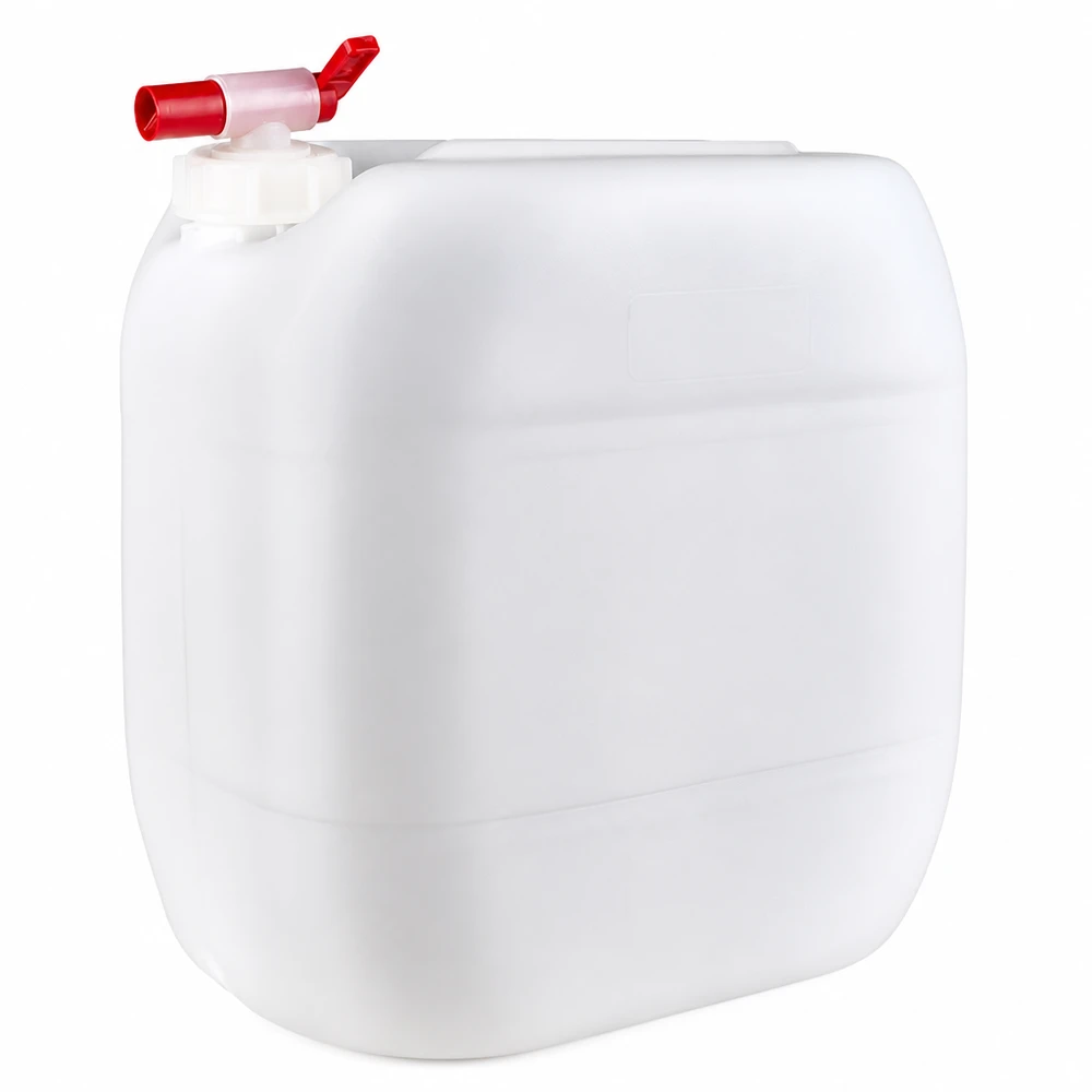 Bidão de 30 litros com torneira de drenagem Bidão de plástico branco de 30 litros com torneira de escoamento vermelha, fabricado em HDPE adequado para contacto com alimentos