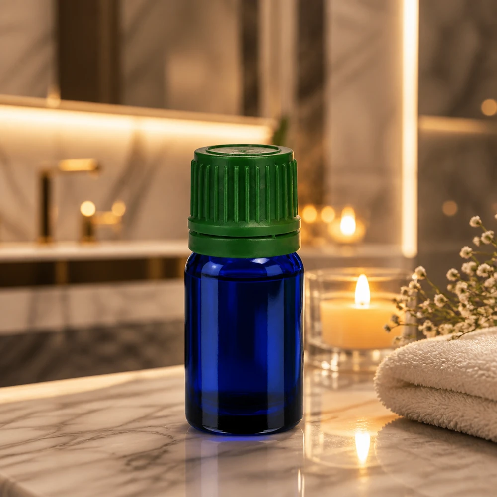 Pequeno frasco de boticário de 5 ml em vidro azul com tampa verde para uma dosagem precisa