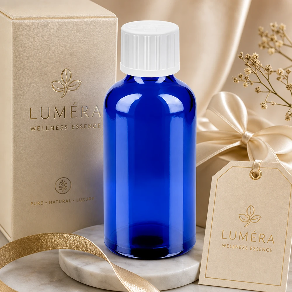 Frasco de 50 ml de ombro redondo em azul cobalto brilhante com tampa branca para essências de bem-estar