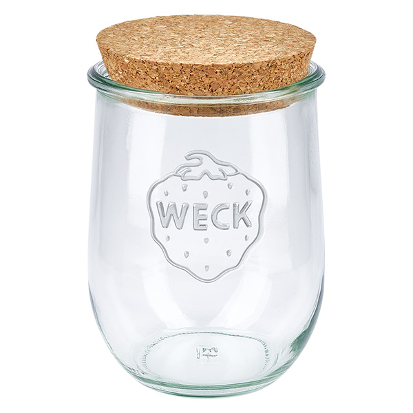 Frasco tulipa de 1062ml WECK RR100 com cortiça natural Frasco tulipa WECK 1062ml RR100 com tampa de cortiça natural Frasco de conservação Frasco de armazenamento transparente