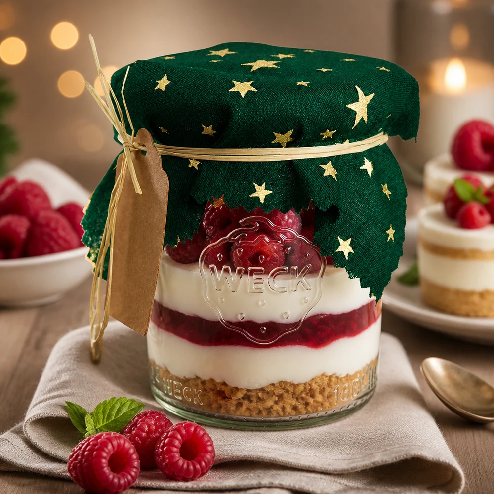 Sobremesa festiva num frasco com um guardanapo decorativo de estrela verde de 12 cm quadrados, framboesas e creme como ideia de presente