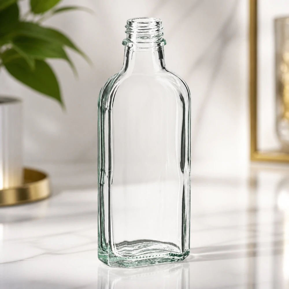 Frasco Meplat transparente vazio de 100 ml, com rosca DIN 22, sobre uma superfície de mármore