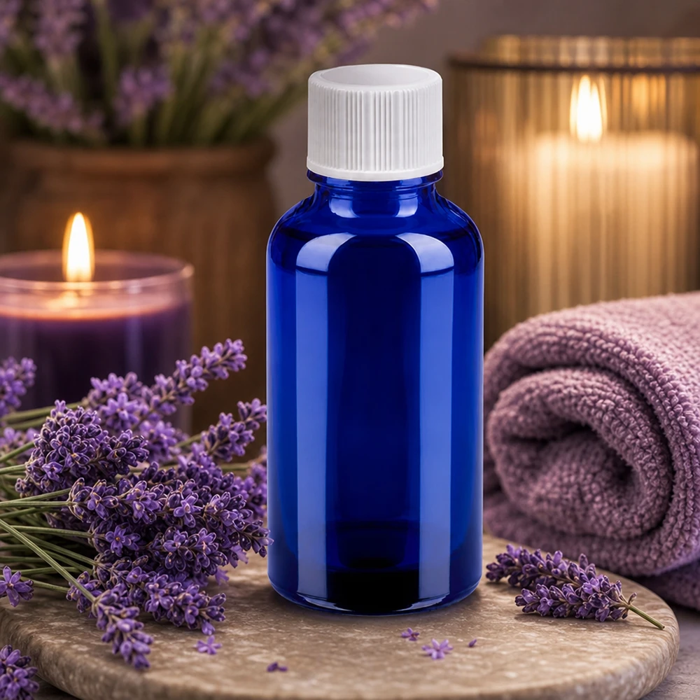 Frasco de vidro de 30 ml em azul-cobalto com tampa de segurança para crianças para aromaterapia e bem-estar