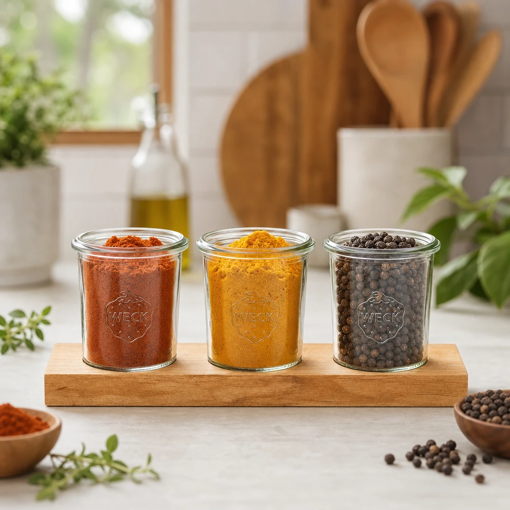 Tábua de servir Plano3 com 3 copos Weck de 160 ml Frascos Weck de 160 ml com especiarias açafrão-da-terra e pimenta numa tábua de servir de bambu num ambiente de cozinha natural