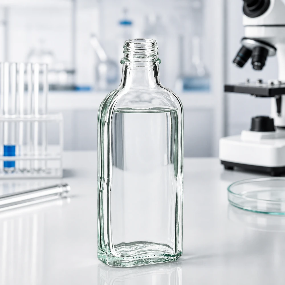 Frasco Meplat transparente de 100 ml DIN22 Frasco de vidro retangular transparente de 100 ml com tampa de rosca DIN22, para uso em laboratório