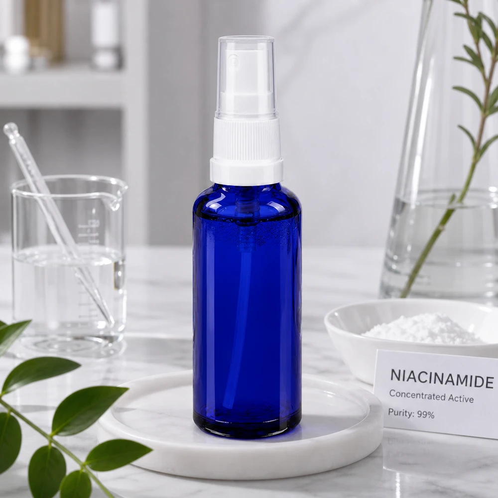 Frasco azul de farmácia com pulverizador de 10 ml, com pulverizador branco, ao lado de pó de niacinamida no laboratório