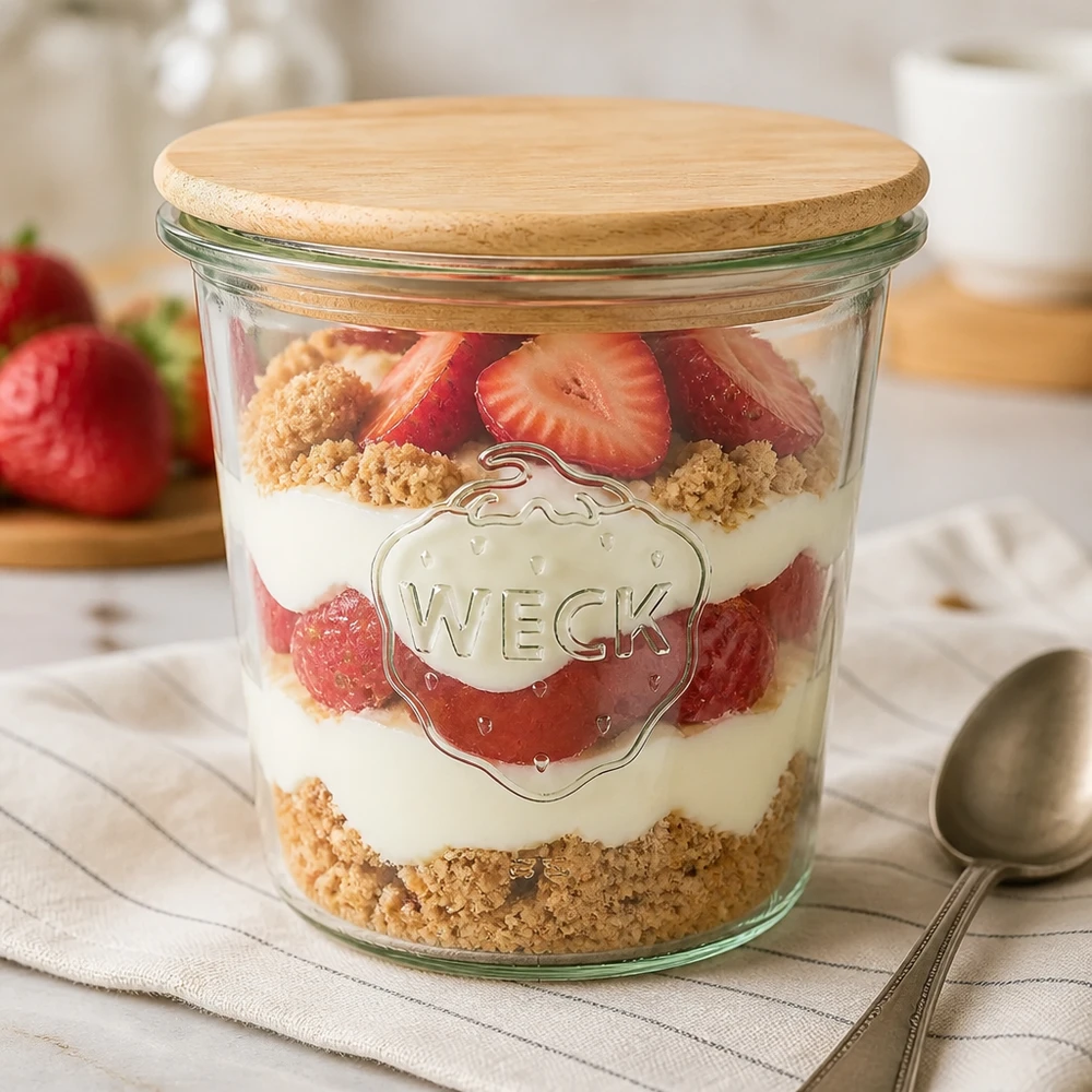 Copos de vidro de 580 ml WECK RR100 com tampa de madeira Copos WECK de 580 ml como taça de sobremesa com morangos e migalhas de biscoito, tampa de madeira fechada na mesa da cozinha