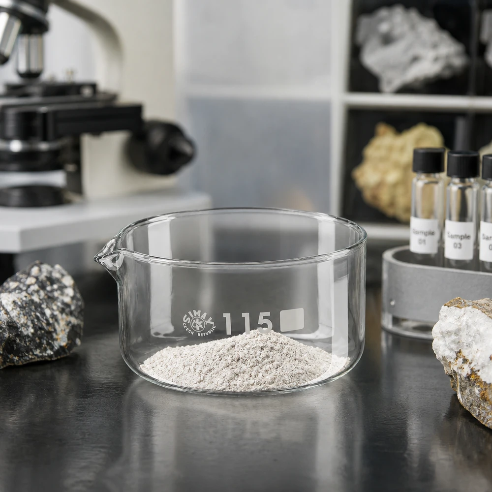 Prato de cristalização de 500ml com bico em borosilicato ø115mm Recipiente de cristalização de 500 ml com pó de rocha moída no laboratório de mineralogia SIMAX, em vidro borossilicato