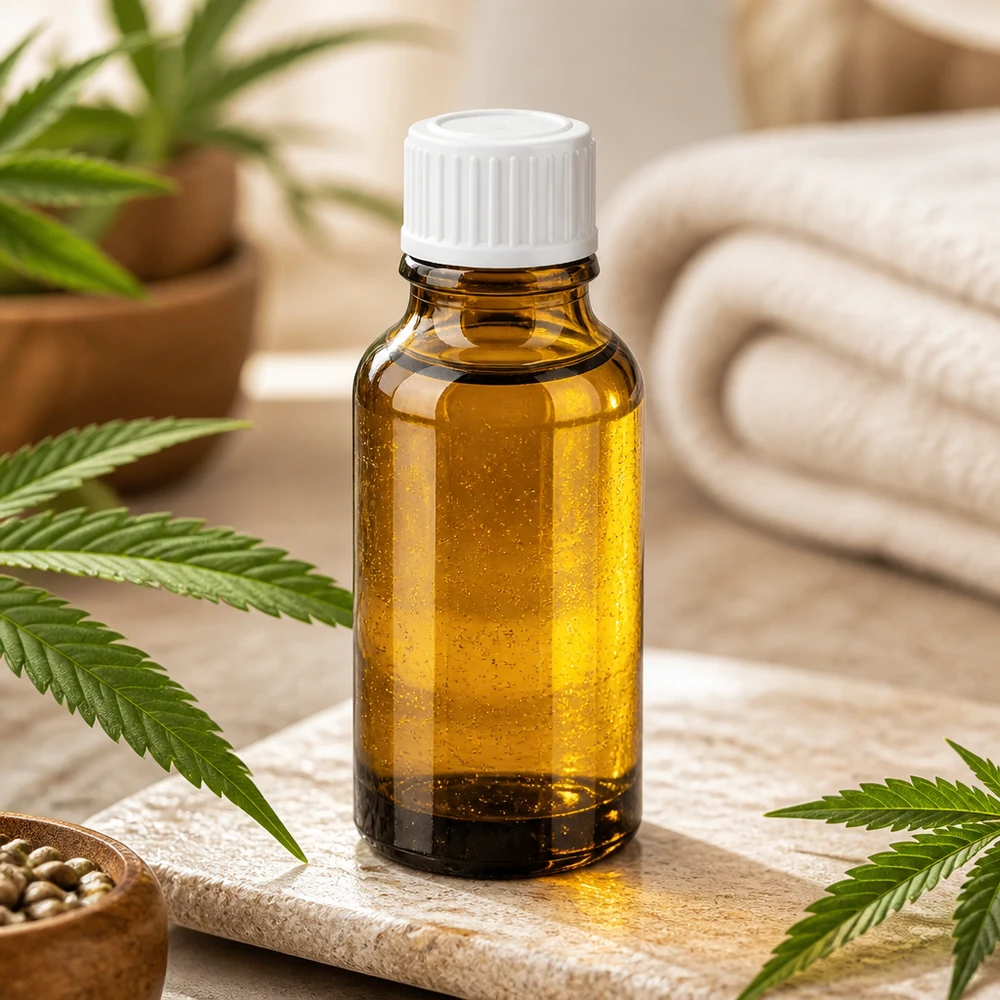 Frasco de proteção contra a luz de 20 ml em vidro castanho com tampa dosadora branca para óleos de CBD