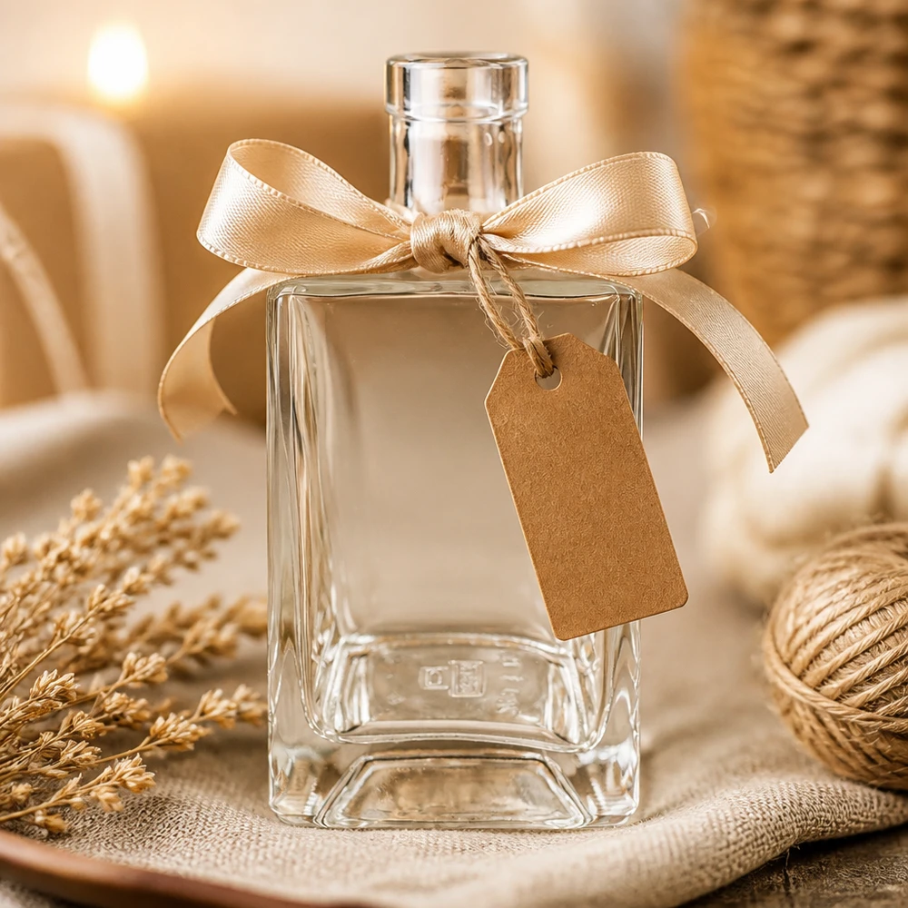 700ml Glasflasche "Gali" ohne Verschluss UNiTWIST® Garrafa de vidro de 700 ml de Ben decorada com um laço dourado e uma etiqueta de oferta como ideia de presente