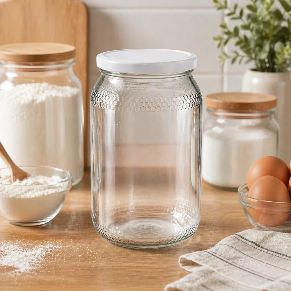 Frasco de mel 900ml vazio em ambiente de cozinha com ingredientes de pastelaria farinha ovos mostra armazenamento prático tampa BasicSeal