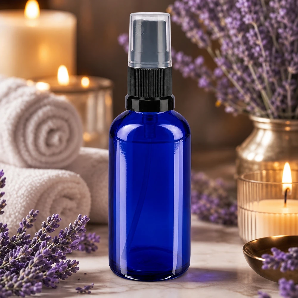 Frasco de vidro de farmácia azul de 50 ml com pulverizador preto para óleos essenciais