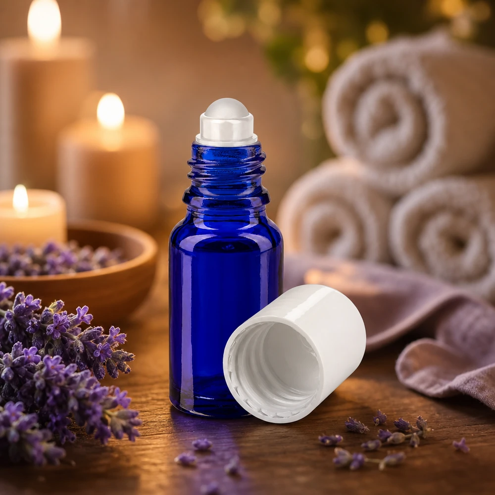 Frasco de farmácia azul 10ml tampa roll-on branca Frasco roll-on azul cobalto de 10 ml com aplicador de esfera rolante, entre flores de lavanda e velas