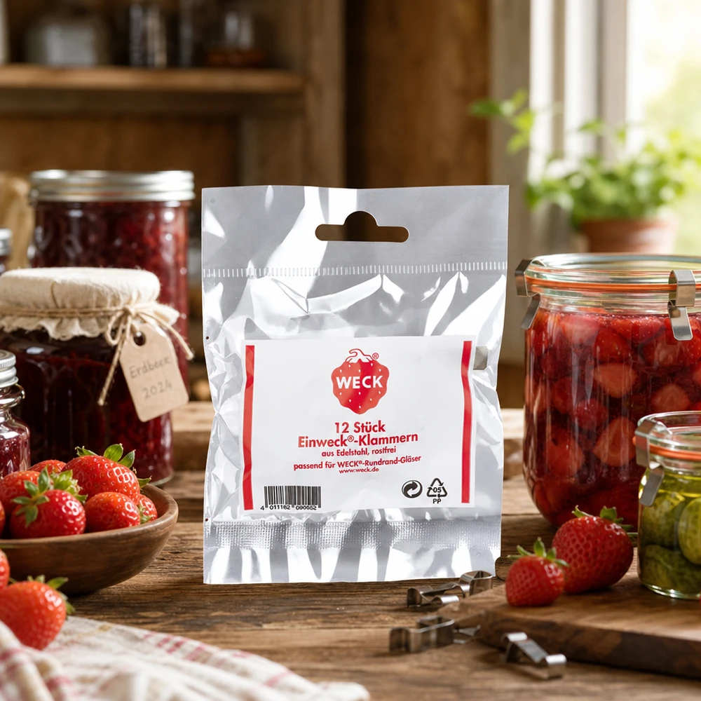 Pinças Original WECK (Pack(s) com 12 peças) Embalagem de grampos WECK na cozinha rústica com frascos de conserva de morangos e compota Exemplo de aplicação