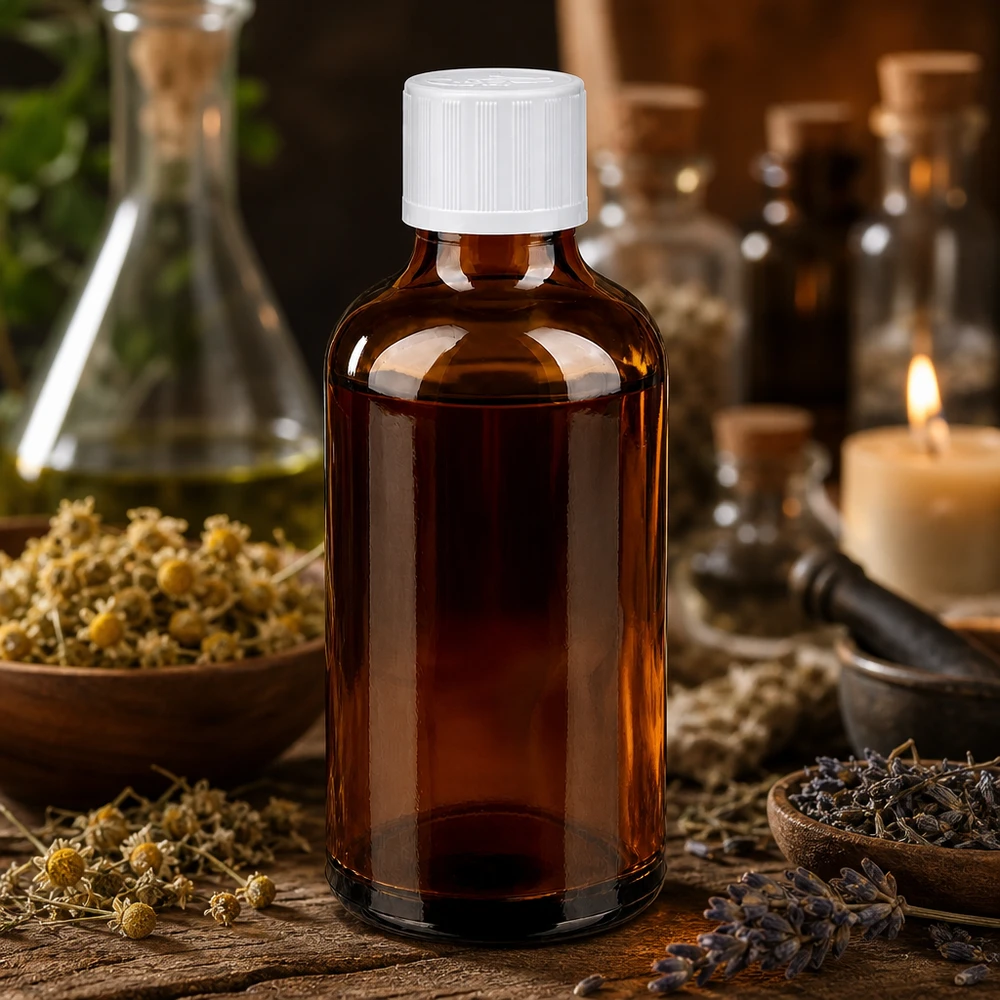 Frasco de vidro castanho de 50 ml com tampa de segurança para crianças branca, entre flores de camomila e ervas