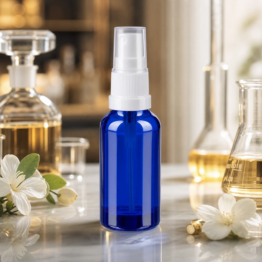 Frasco de spray azul de 30 ml com cabeça de spray transparente para aplicações cosméticas e cuidados da pele