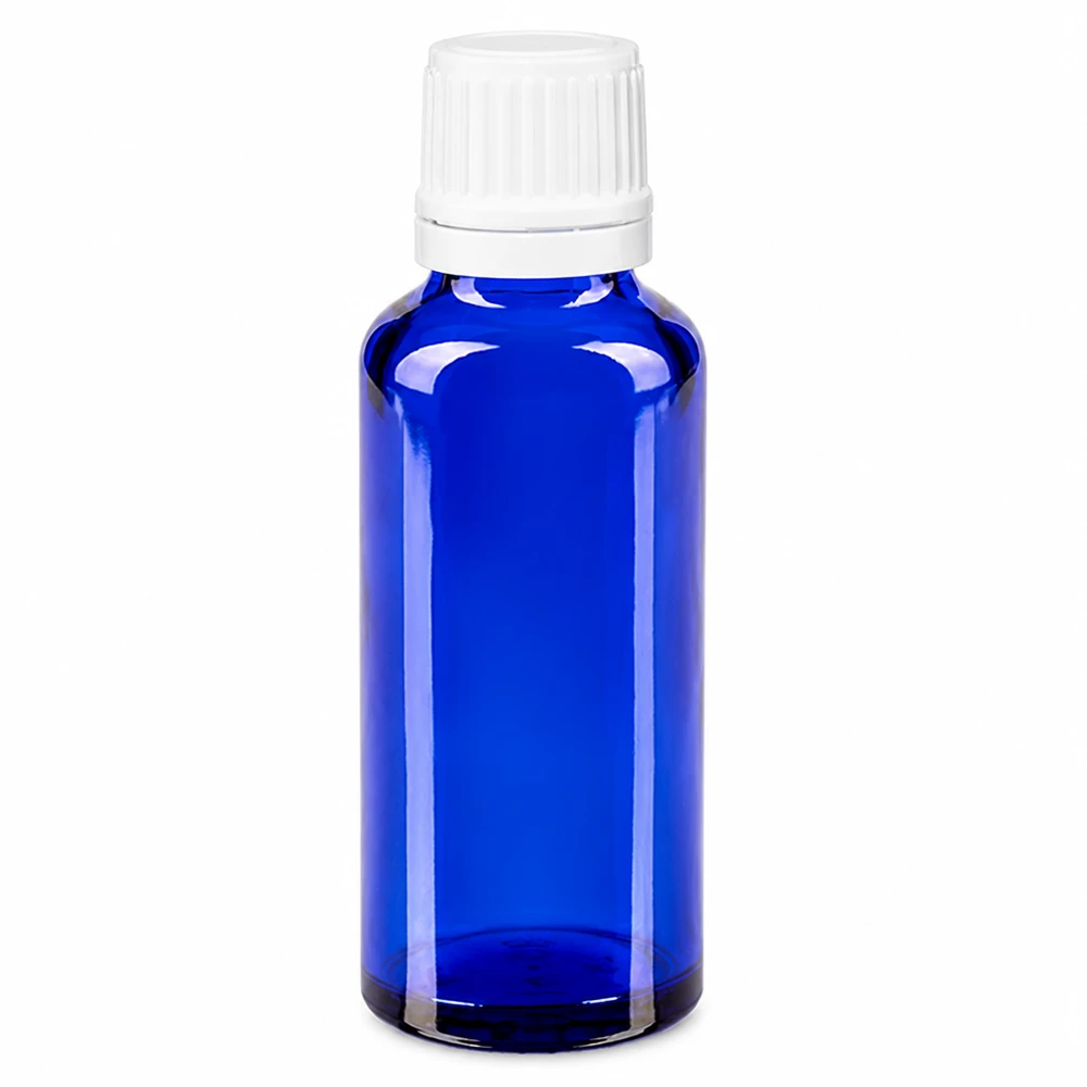 Frasco de vidro azul de farmácia de 30 ml com tampa original branca e aplicador conta-gotas de 0,7 mm