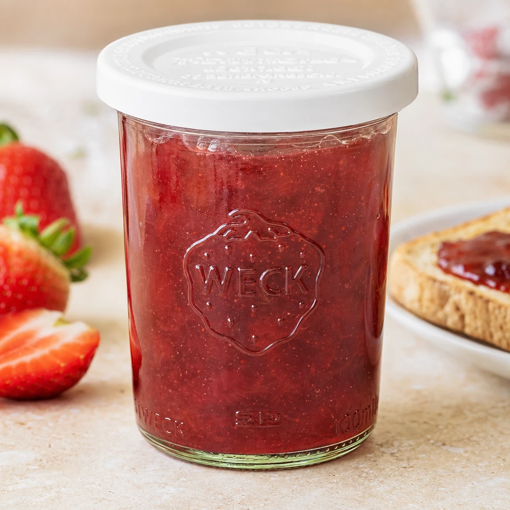 Frasco de conserva WECK 160ml com compota de morango e tampa branca de frescura, ao lado de morangos frescos e pão com compota