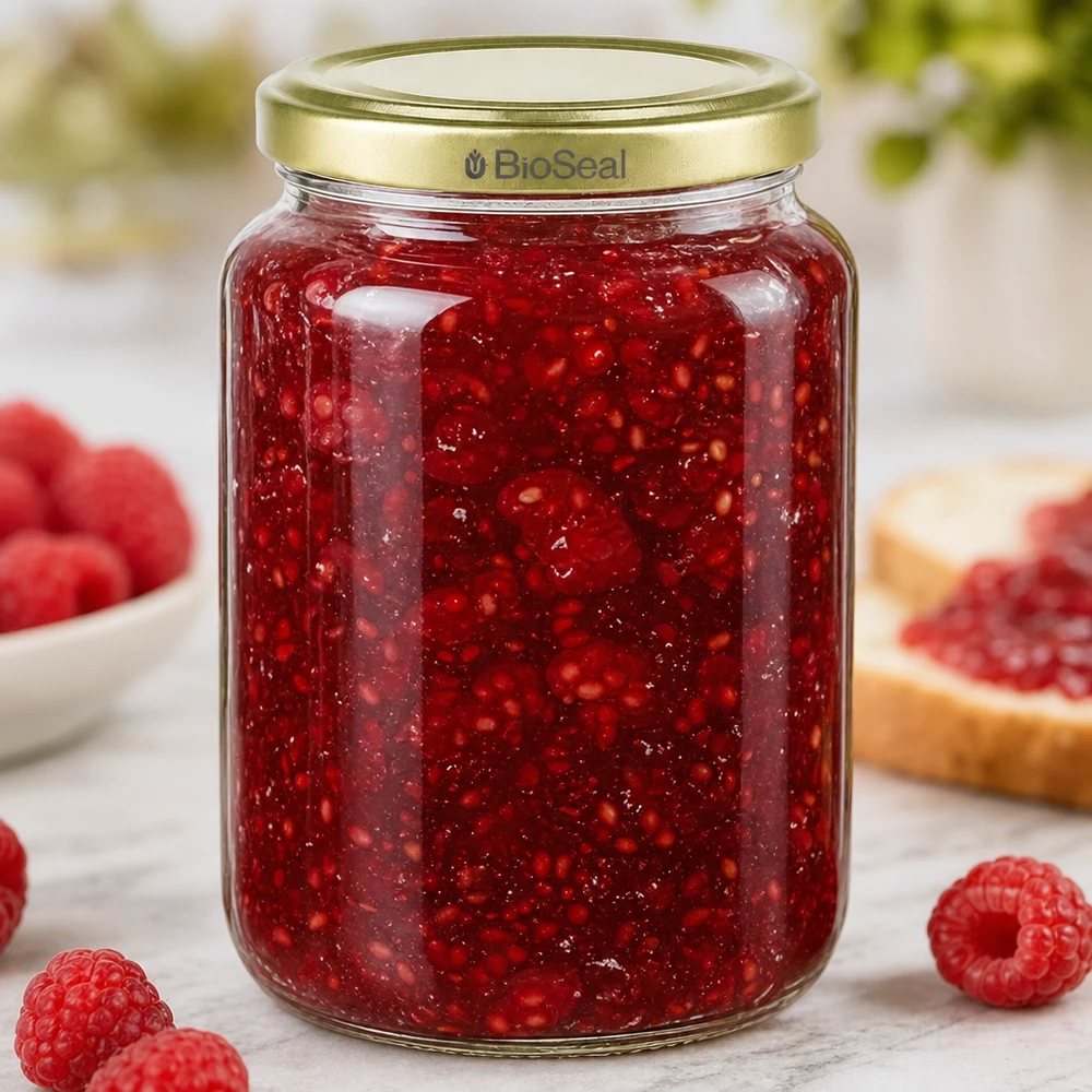 O frasco de mel de 1000 g cheio de compota de framboesa vermelha mostra uma utilização prática para conservar e armazenar
