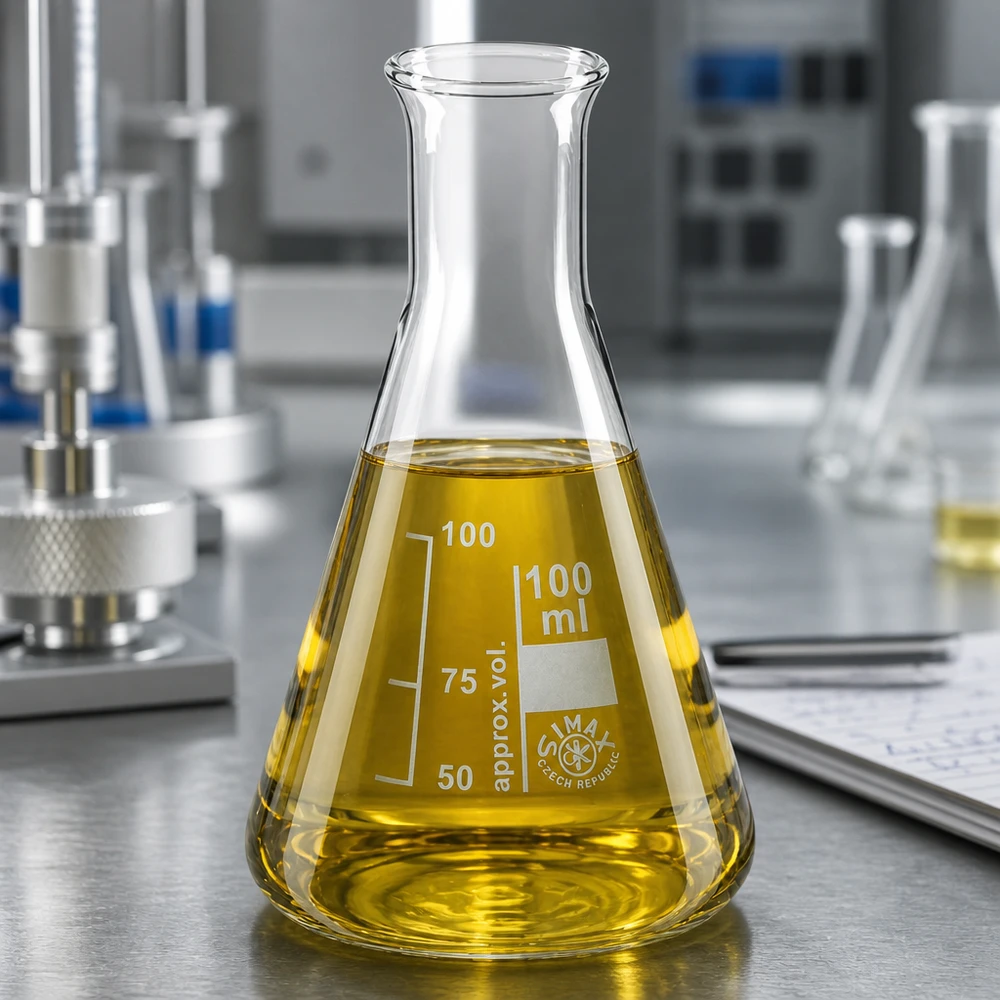 Frasco Erlenmeyer de 100 ml com gargalo estreito e líquido de ensaio amarelo para análises laboratoriais profissionais