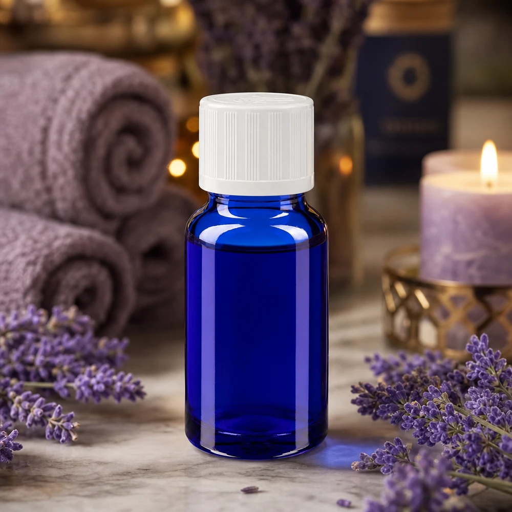 Frasco de farmácia azul 10ml tampa conta-gotas branco padrão resistente a crianças Frasco de vidro azul de 10 ml com tampa conta-gotas branca, entre flores de lavanda e uma vela