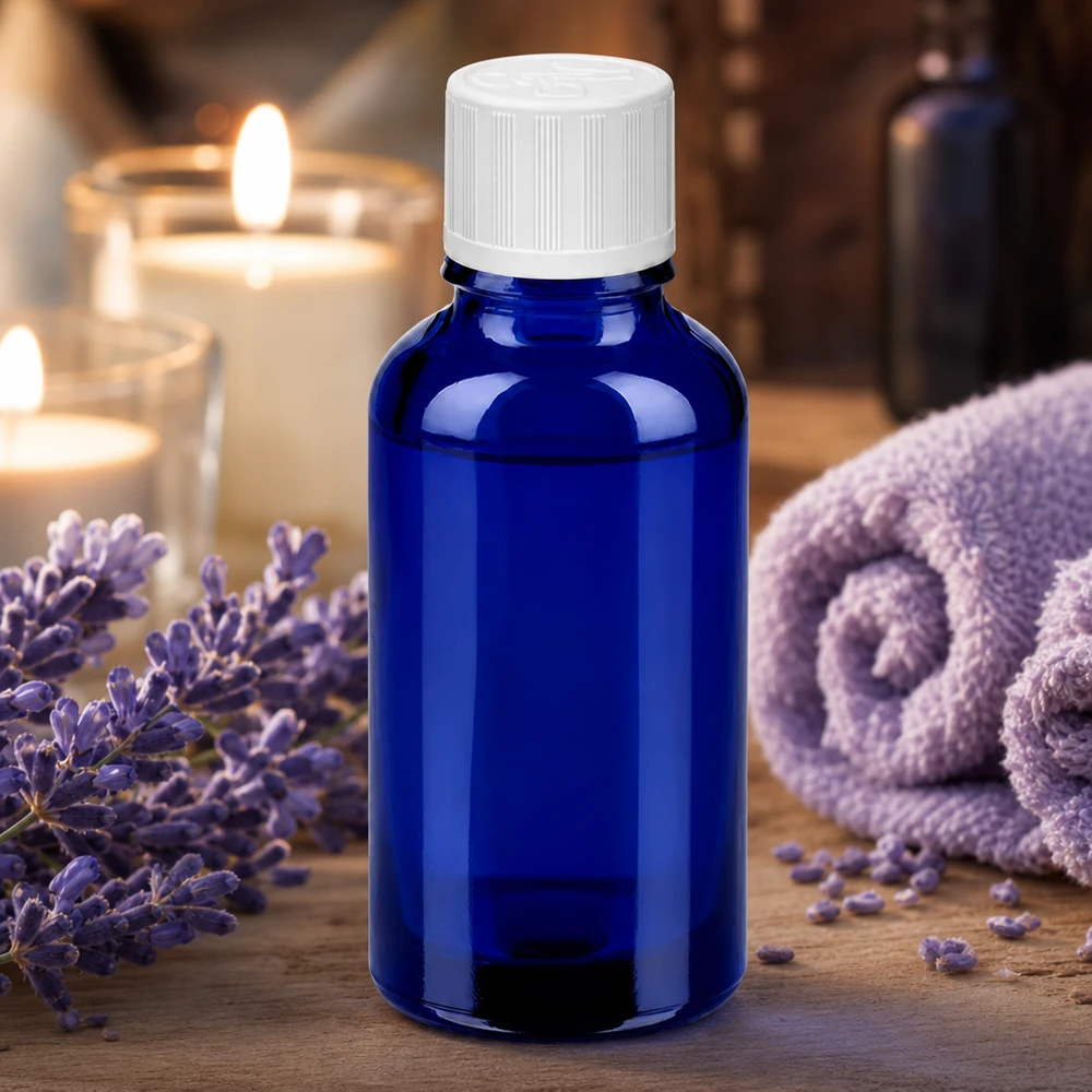 Frasco de vidro azul-cobalto de 30 ml com fecho de segurança para crianças para aromaterapia e bem-estar