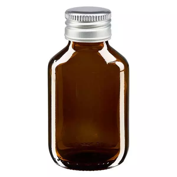 Frasco para medicamentos de 100 ml castanho, com tampa de alumínio prateada ApoGlas Frasco para medicamentos de 100 ml castanho, com tampa de alumínio prateada ApoGlas