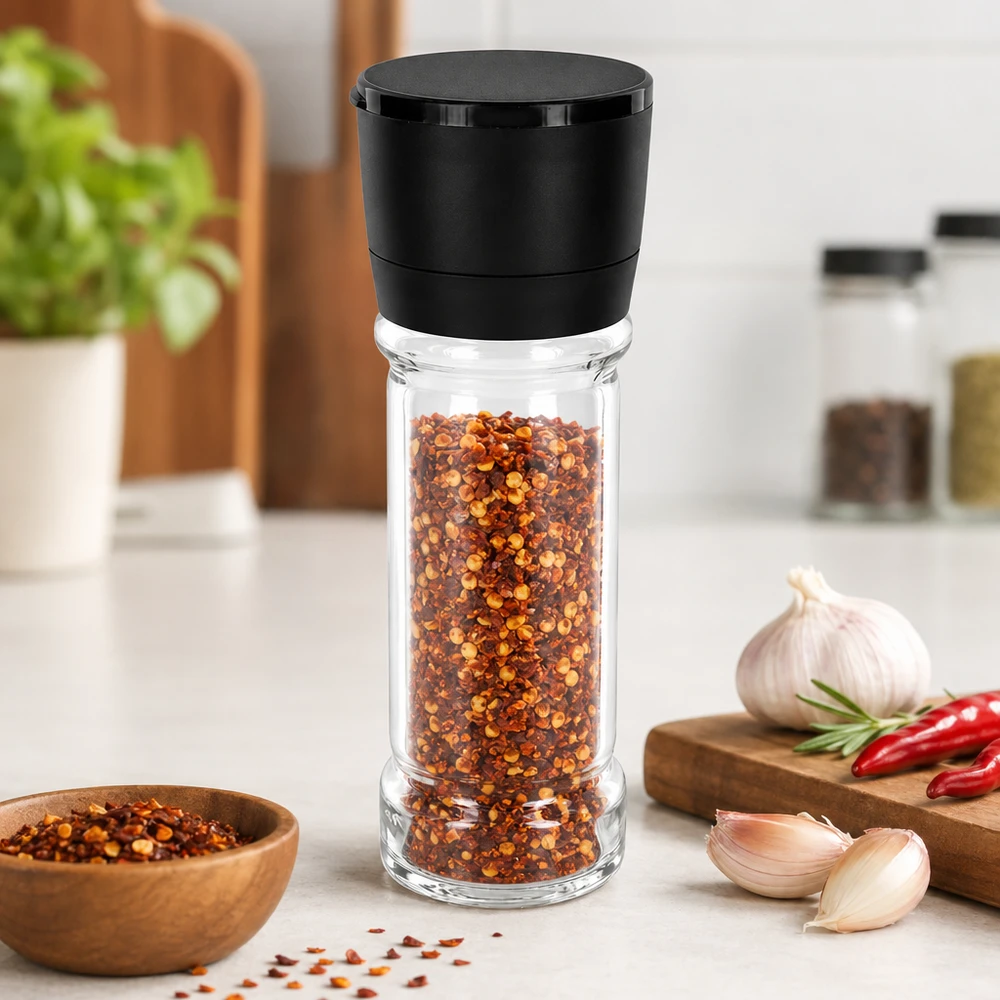 Frasco para sal/especiarias de 100 ml com moinho Vario preto Frasco transparente para especiarias de 100 ml com tampa de plástico preta e moedor Vario integrado