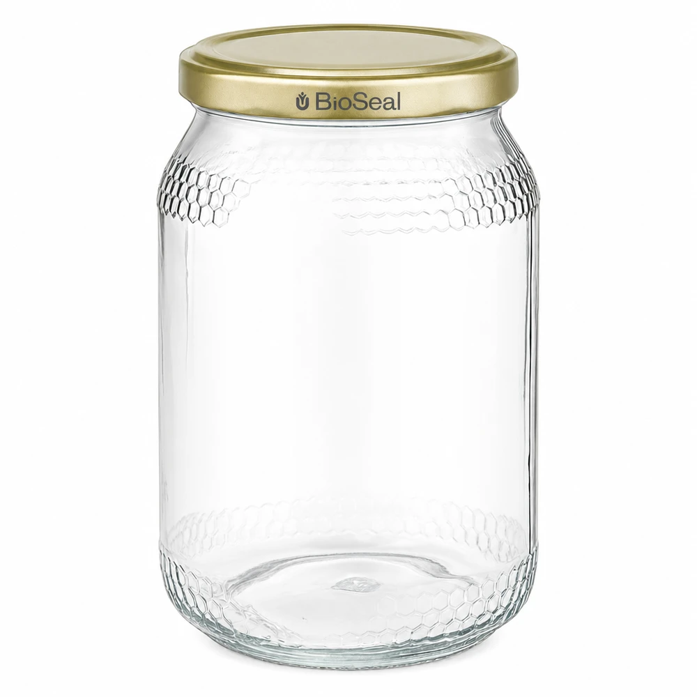 1260g Honigglas + BioSeal Deckel gold UNiTWIST Frasco de mel de 900 ml com tampa dourada BioSeal UNiTWIST embalagem transparente vazia para mel de apicultura